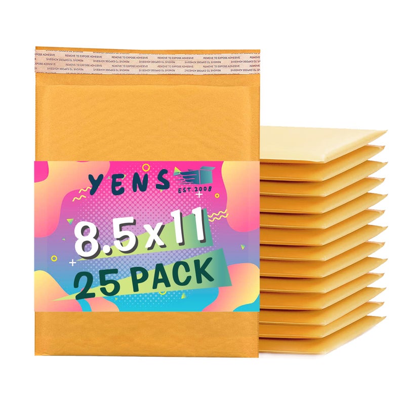 Yens Kraft Bubble Mailers 8.5x12 25 Pack Self Seal Adhesive Shipping Bags, Cushioning Padded Envelopes for Shipping, Mailing, Packaging Useable Space 8.5x11 - Image 1